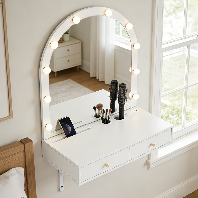 Wall Mounted Floating Makeup Vanity Desk With 3-color Led Lighted Mirror & Power Outlet, Compact Dressing Table With Large Storage For Bedroom