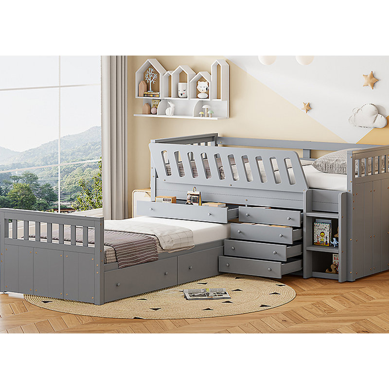 Lit mezzanine et lit plateforme en L avec 7 tiroirs et garde-corps, Gris