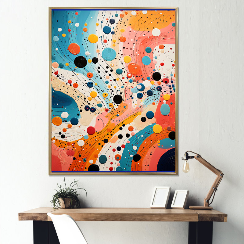 Abstraction atomique colorée du milieu du siècle III sur toile, H 20 po x l 12 po x P 1 po, Cadre flottant doré