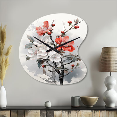 Asian Art Apple Blossom I - Drop Shape Decorative Coral Asian Art Wall Clock