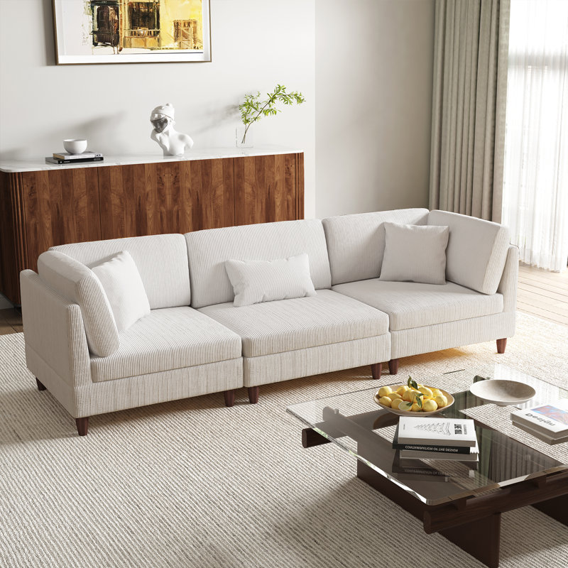 3 - Piece Upholstered Corduroy Modular Sectional with Pillow Back and Solid Wood Legs, Beige