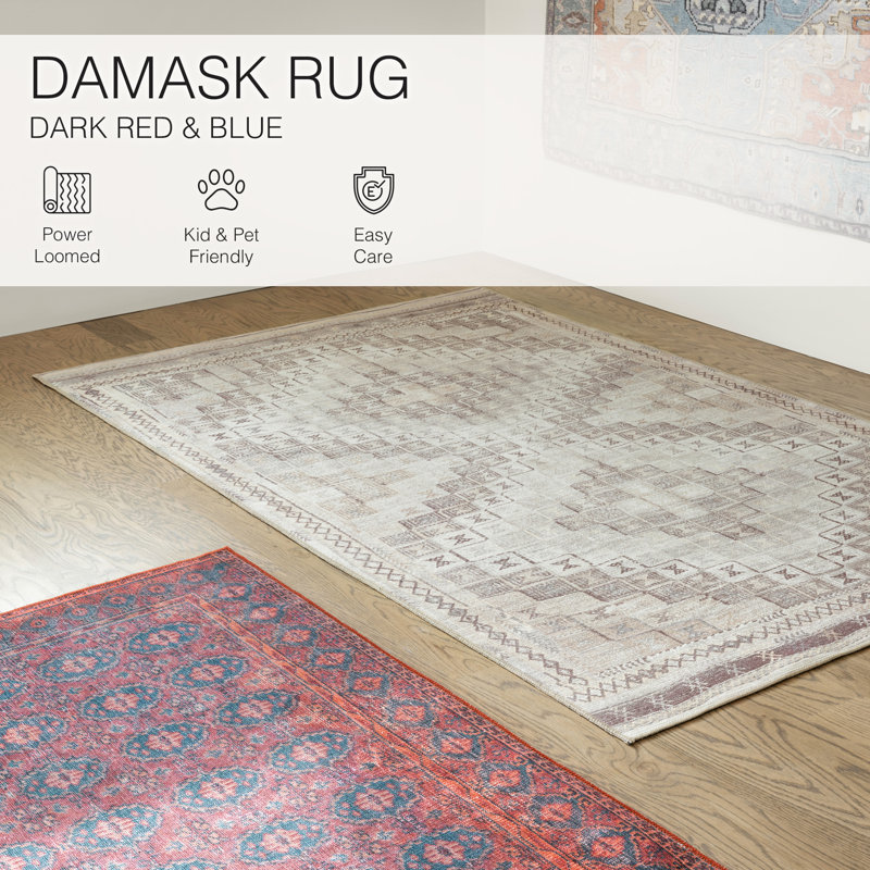 Machine Washable Kalinar Power Loom Performance Dark Red/Blue Rug, Rectangle 7'6" x 10'