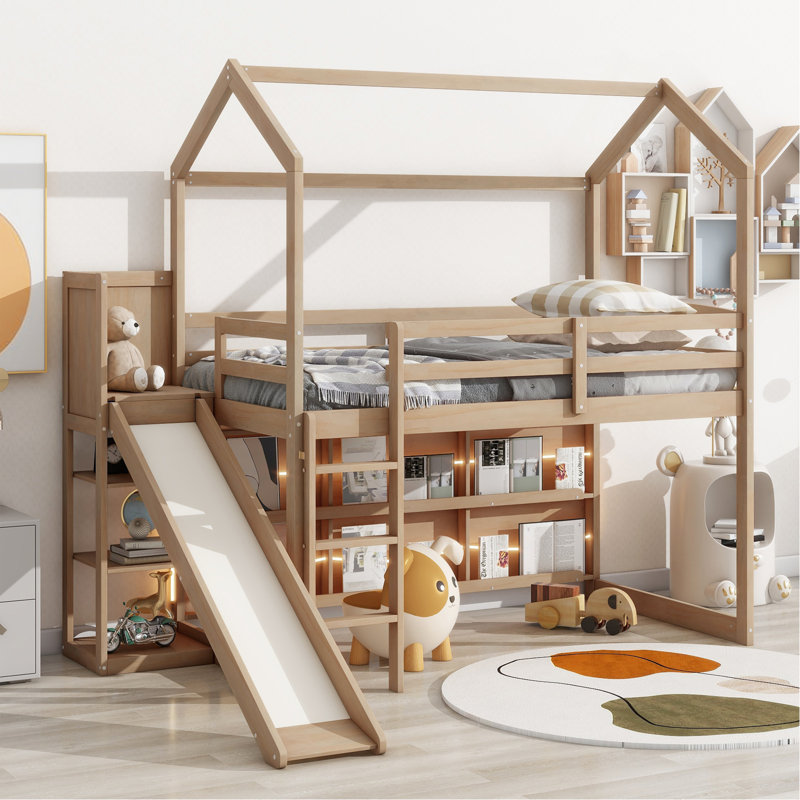 Lit mezzanine simple en bois avec glissoire, tablettes de rangement et rampe d'escalade, couleur bois, Bois