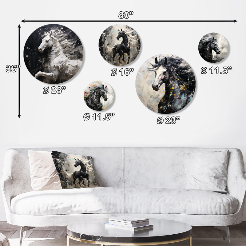 Minimalisme, cheval au galop - licornes, licorne, ensemble d'art mural rond de 5