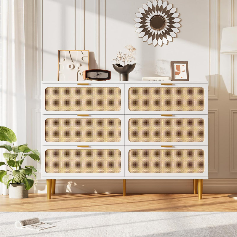 Rattan 6 Drawer Dresser, White