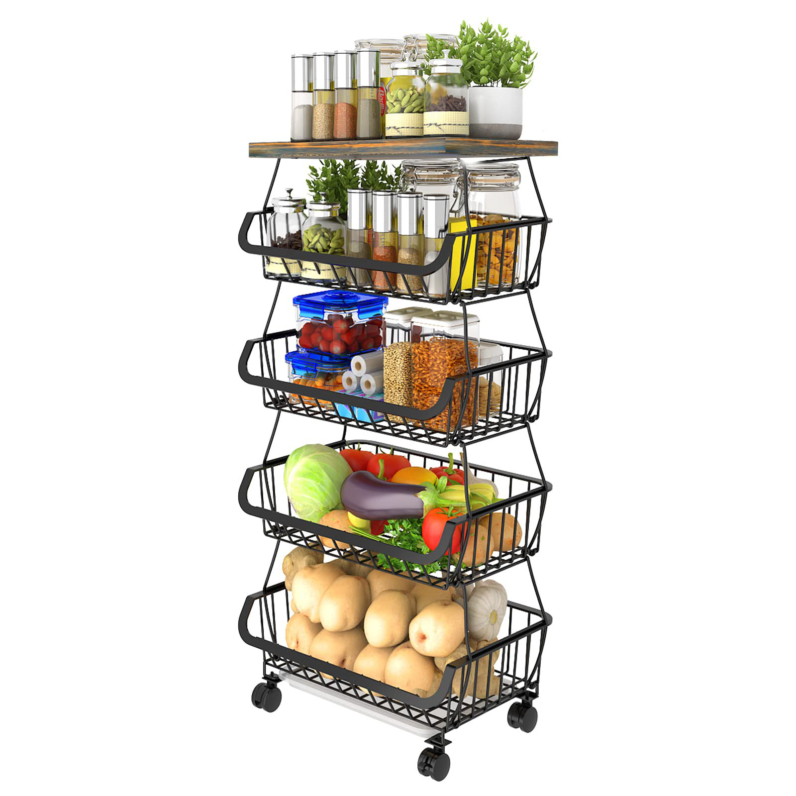 Red Barrel Studio 3-Tier Wire Basket Stand with Removable Baskets - Kitchen Organizer - Fruit Vegetable Produce Metal Hanging Storage Bin for Pantry