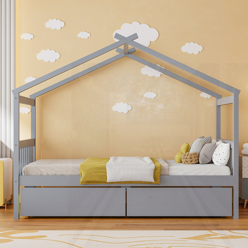 Lit en bois avec tiroirs, Gris, Simple