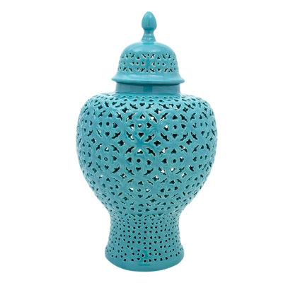 25" Carved Temple Jar - Celadon