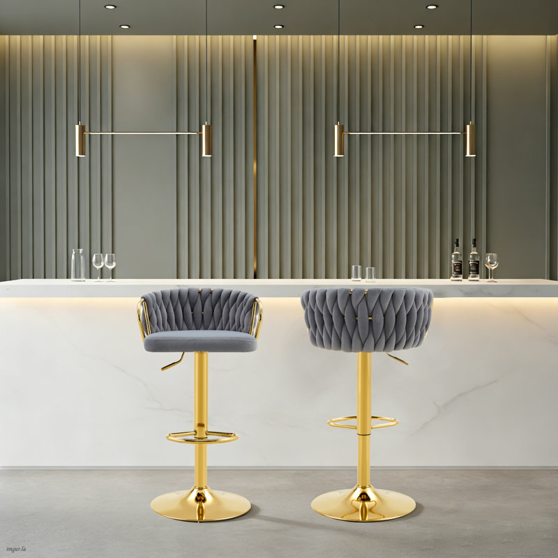 Ensemble de 2 tabourets de bar réglables modernes à hauteur de comptoir avec dossier tissé et base en métal doré pour la cuisine, le bar