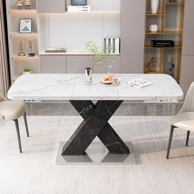Modern Square Table - Stretchable White Marble Tabletop + Black Leg With Metal Base, 220 Lbs Load-Bearing Look Dining Stretchable, 47.24"-62.45" Adjustable Length