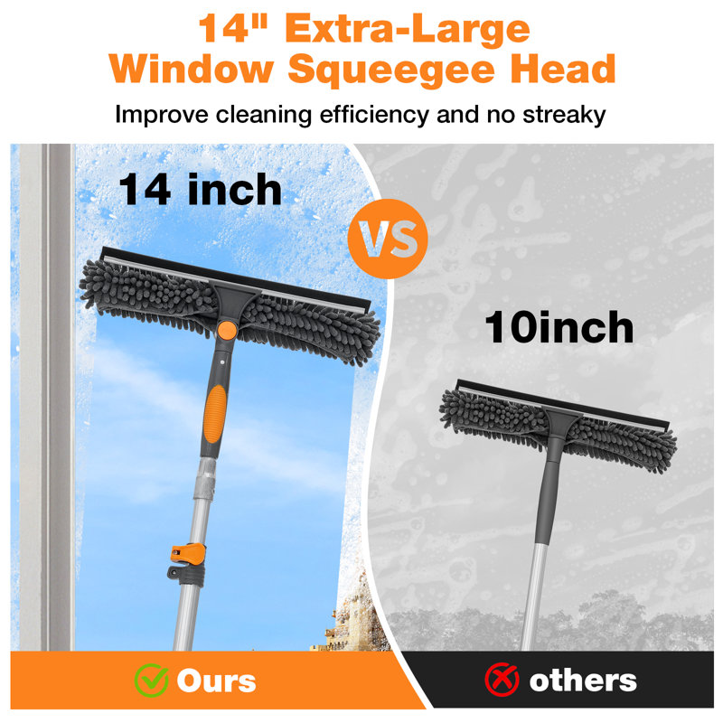 Window Squeegee with Extension Poles, 2-in-1 Window Cleaning Kit with Telescopic Pole, Extra-Large 14" Window Squeegee, Window Cleaner Tool with Adjustable Head, for High Window, Glass, RV