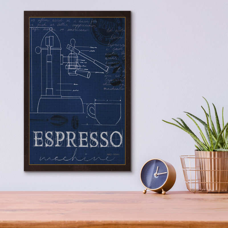 «Coffee Blueprint 4 Indigo» par Marco Fabiano, art mural en verre acrylique, H 16 po x l 12 po x P 0,13 po