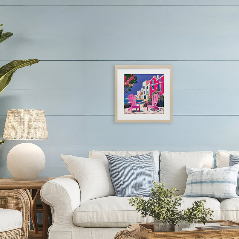 Beach Chair Meetup en rose, reproduction encadrée sous verre, design par Annabelle Hall, H 13 po x l 13 po