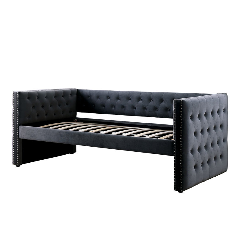 Gray Finish Transitional - Style Daybed With Trundle, Padded Flannelette Upholstery Button Tufting, Nailhead Trim And Inspired Design, Slat Kit Included Trundle In Flavor, , Provided