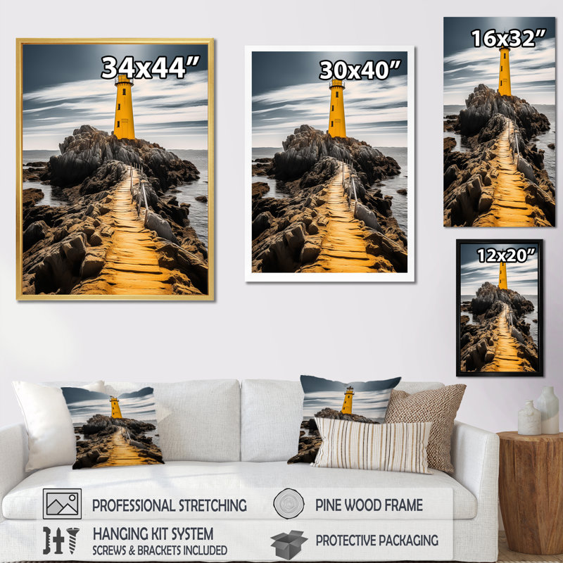 Phare de Robinsonville - photo II grise et jaune, H 20 po x l 12 po x P 1 po, Cadre flottant doré