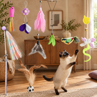 This 3-in-1 indoor interactive set combines a feather wand, door-frame hanging toy, floor feather ball, and replaceable feather & tassel teaser heads.