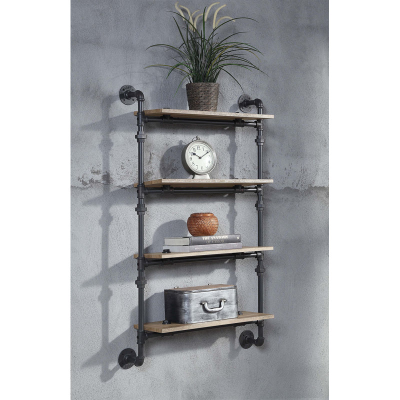 Support mural Brantley & Sandy avec 4 tablettes, structure en métal industriel et conception de tuyau d'eau pour des solutions de rangement modernes