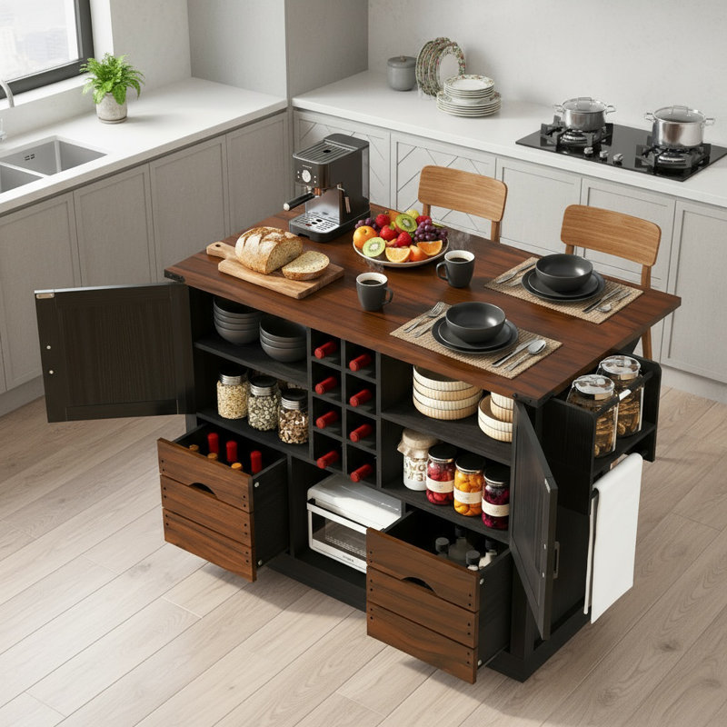 Îlot de cuisine avec prise et abattant, chariot à roulettes de style campagne moderne avec porte de grange et support à vin
