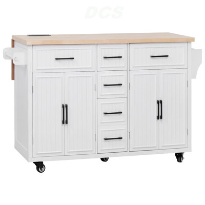 56.5'' Kitchen Island With Drop Leaf, Power Outlet, Embossed Vertical Stripe Rolling Kitchen Cart On Wheels With 4 Doors , 5 Deep Drawers And Adjustable Shelves, For Kitchen, Dining Room, White, Kitchen Island