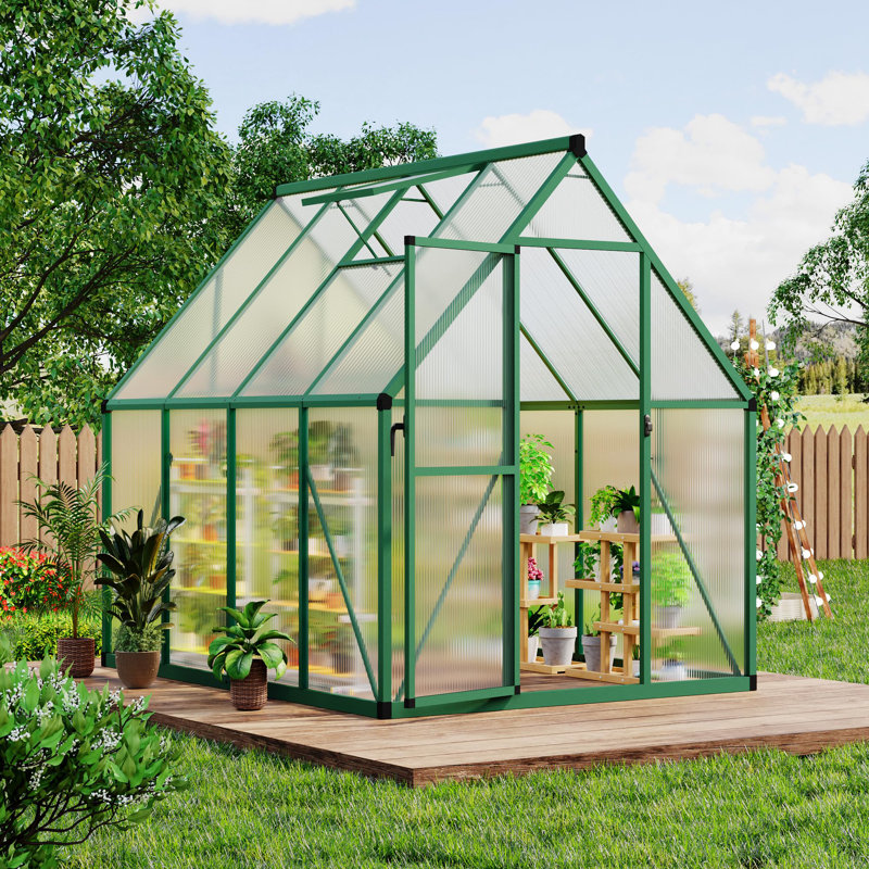 Serre robuste en polycarbonate de 6 pi x 7 pi avec cadre en aluminium robuste - Porte verrouillable - Évent de toit réglable - Assemblage facile pour le jardin extérieur, la cour arrière - Vert