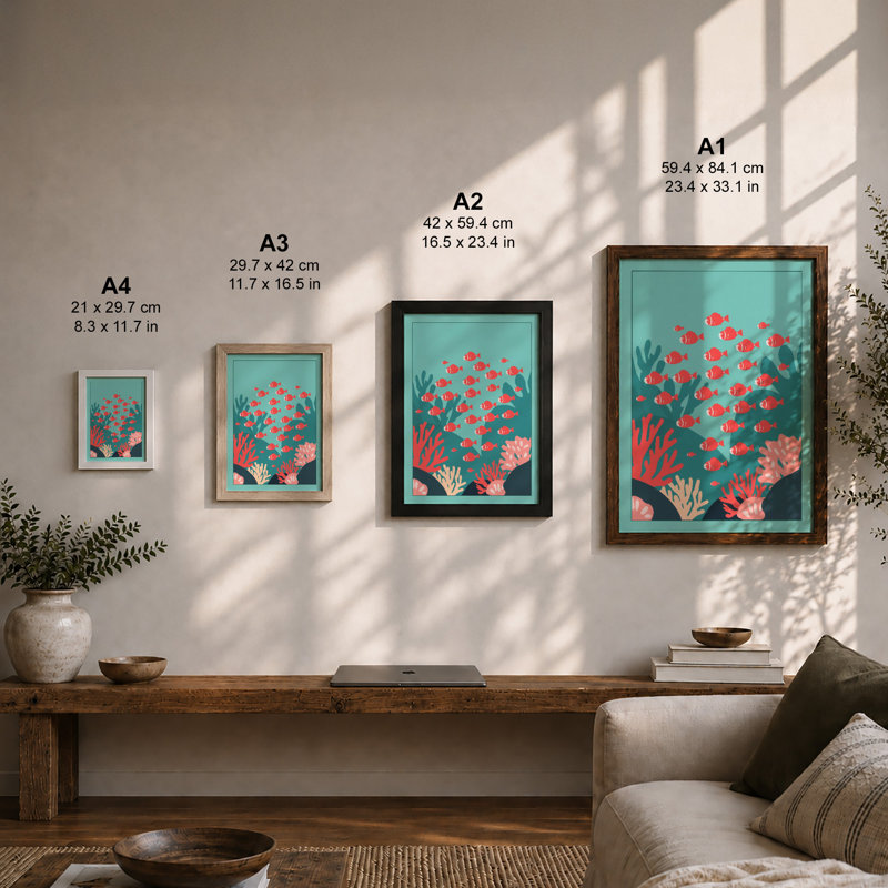 Coral Reef Garden Coastal - Framed Print, A4 - 29.7 x 21.0 cm, Walnut