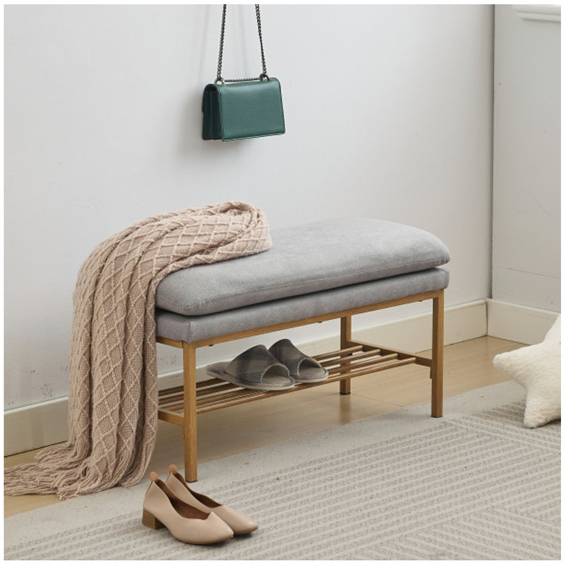 Upholstered Shoe Storage Bench With Cushioned Seat, End Of Bed Bench With Open Shelf And Metal Legs For Entryway, Gray