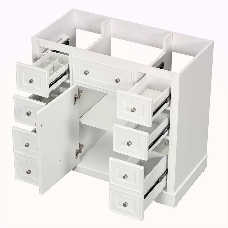 Meuble-lavabo 36 po sans lavabo, base d'armoire seulement, une armoire et six tiroirs, Blanc