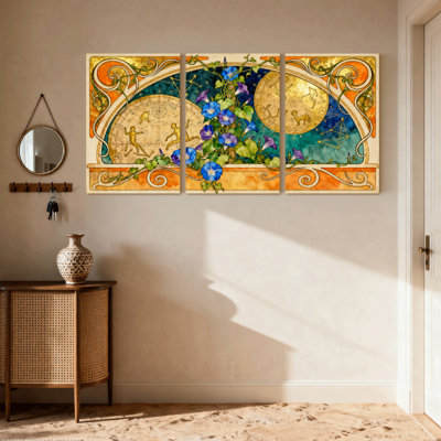 Art Nouveau Zodiac and Floral Set of 3 Canvas Wall Art Prints
