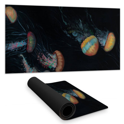 Colorful jellyfishes swimming in the dark - 15.75"x31.50" Desk mat