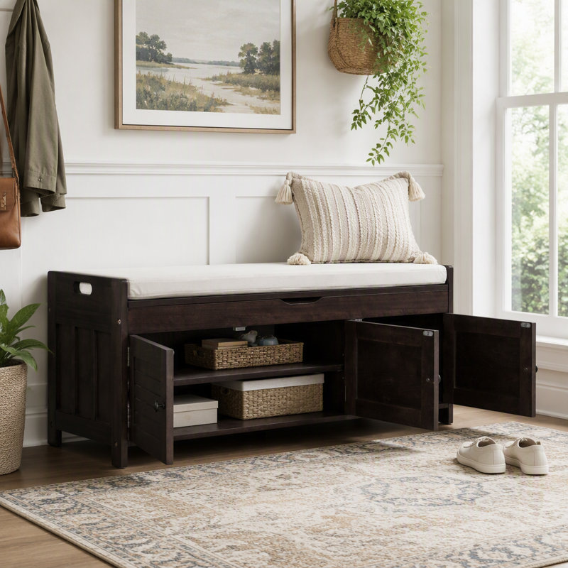Banc de rangement rustique avec portes à volets et compartiment caché, Espresso