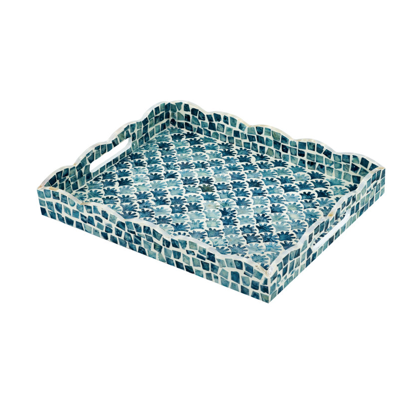 16X13X2" Decorative Rectangle Tray With Blue And White Capiz Design