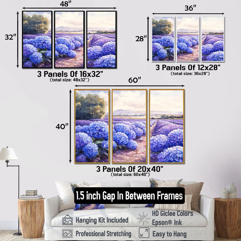 Hortensias dans le champ de lavande II - art mural hortensias - ensemble de 3, H 28 po x l 36 po, Argent argent