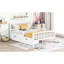 Lit plateforme blanc avec garde-corps et deux grands tiroirs de rangement au design classique en bois pleine grandeur pour une chambre à coucher gracieuse-2093456342-2093456337