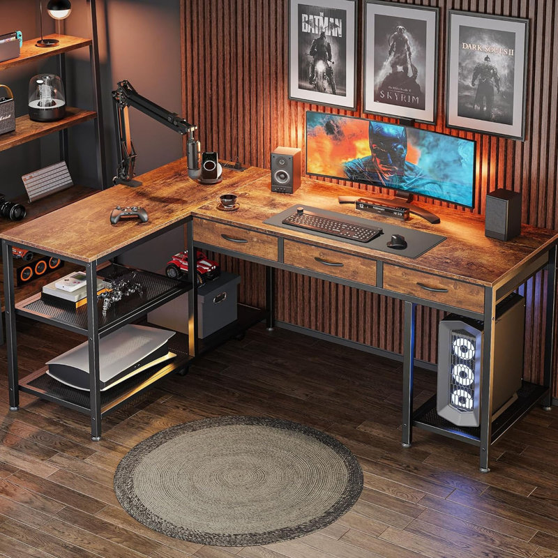 Bureau en L de 55 pouces avec prises de courant et port Type-C, brun rustique