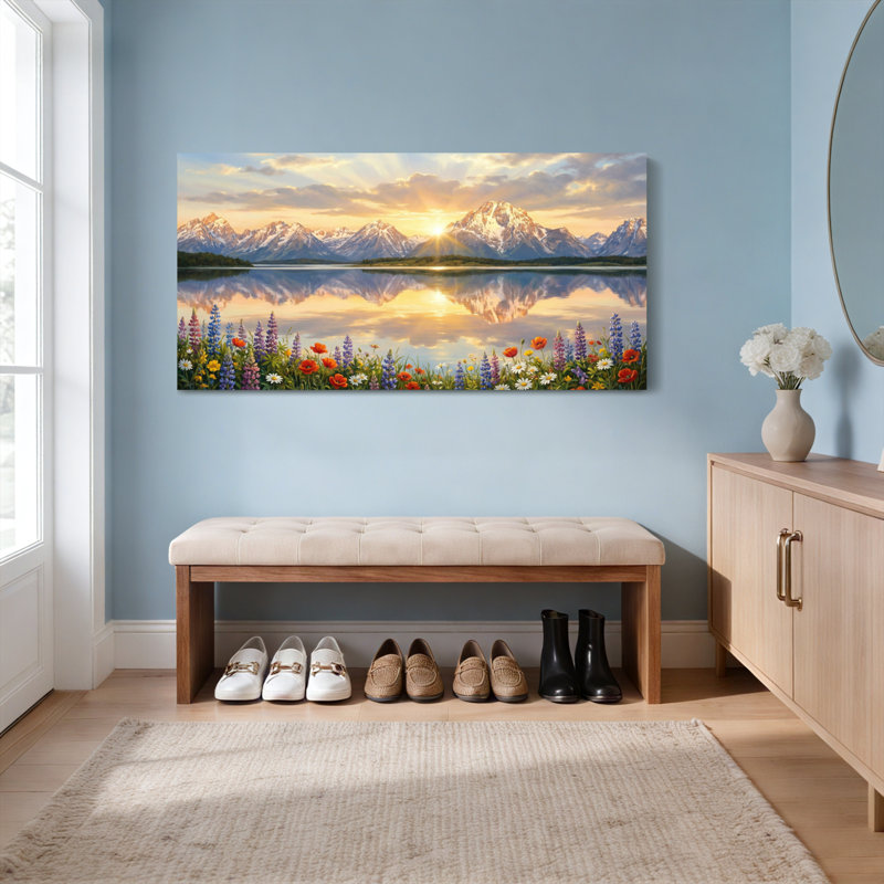 Ensemble de 1 tableau sur toile tendue représentant un coucher de soleil sur un lac de montagne avec des fleurs sauvages