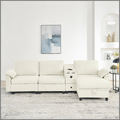 Canapé modulaire moderne en L avec rangement tout-en-un, poches d'accoudoirs de rangement latérales, console centrale avec porte-gobelet, repose-pieds avec rangement relevable, siège confortable à plusieurs places - beige