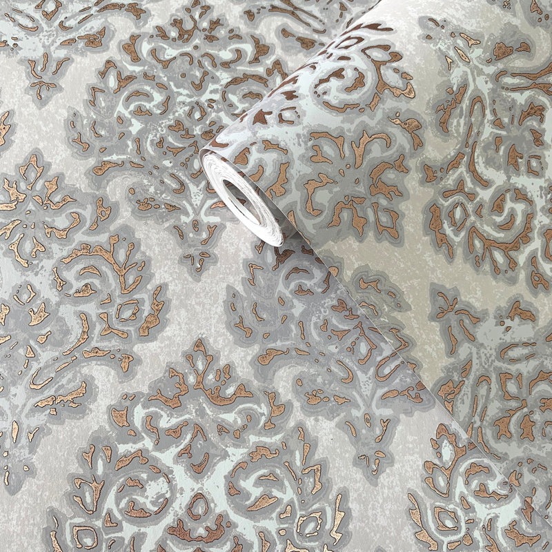 Lustre Metallic 3D Embossed Modern Damask Wallpaper Roll, Gray