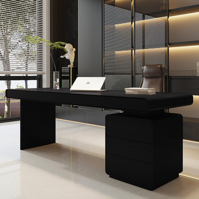 Light Luxury Italian Style Black Desk With Three Drawer Cabinet And Embedded Desktop Power Strip