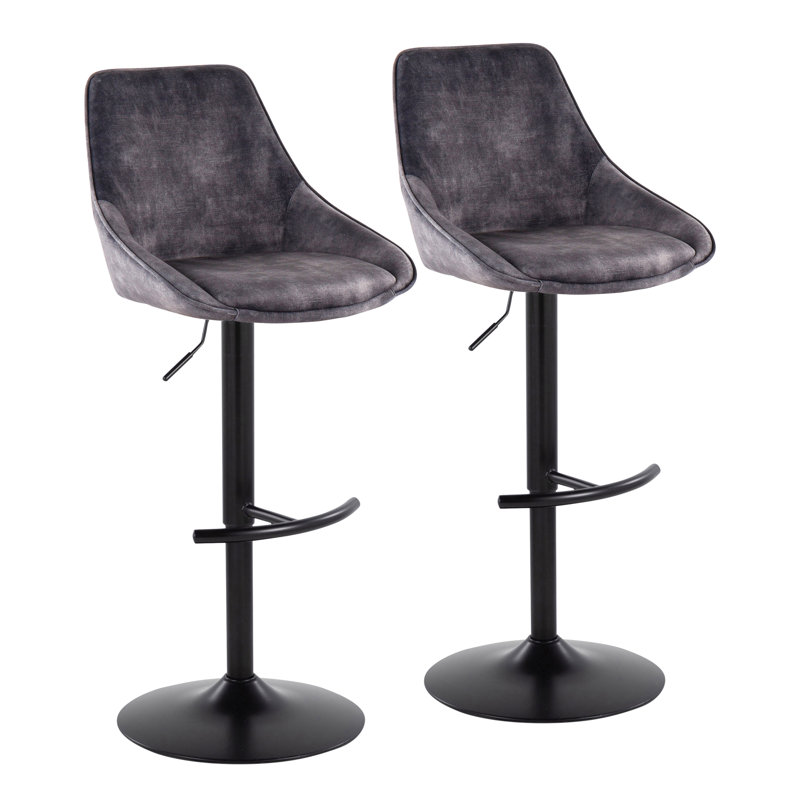 Gray Velvet Adjustable Swivel Barstools with Black Metal Base, Set of 2