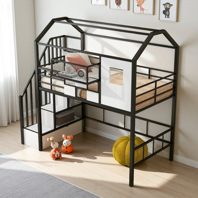 Lit mezzanine simple en métal avec toit de maison de jeu et boîte de rangement - Lit pour enfant fantaisiste et peu encombrant