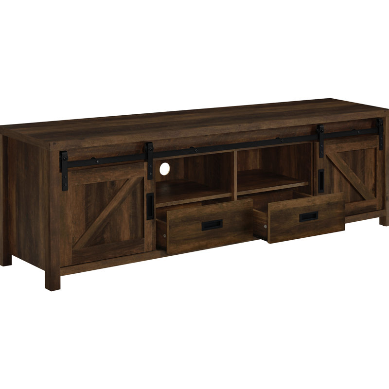 Meuble télé en bois d'ingénierie à 2 portes en pin foncé, avec portes coulissantes peu encombrantes et deux tiroirs pour agencements en bois de pin, avec rangement pour tiroirs de 70 à 79
