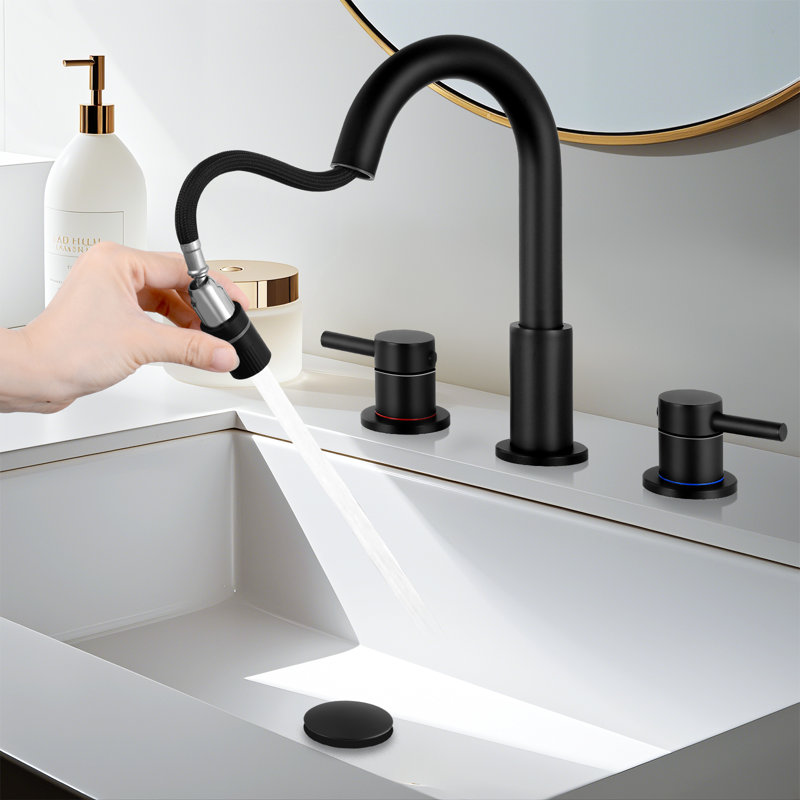 Robinet de salle de bain à 2 fonctions avec douchette rétractable et drain, Noir