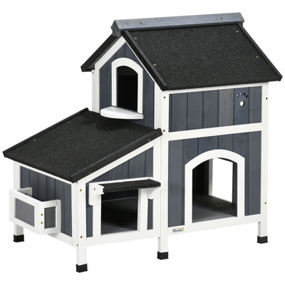 Outdoor Cat House 37.75"L x 25.5"W x 33.75"H Weather-resistant Roof & Garden Bed, Multiple Entrances, Modern Cat Furniture Hideout, Gray, 1pc
