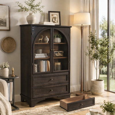 52.17"H Glass Door Display Case Storage Cabinet with 2 Drawers and Adjustable Shelf, Spacious Storage