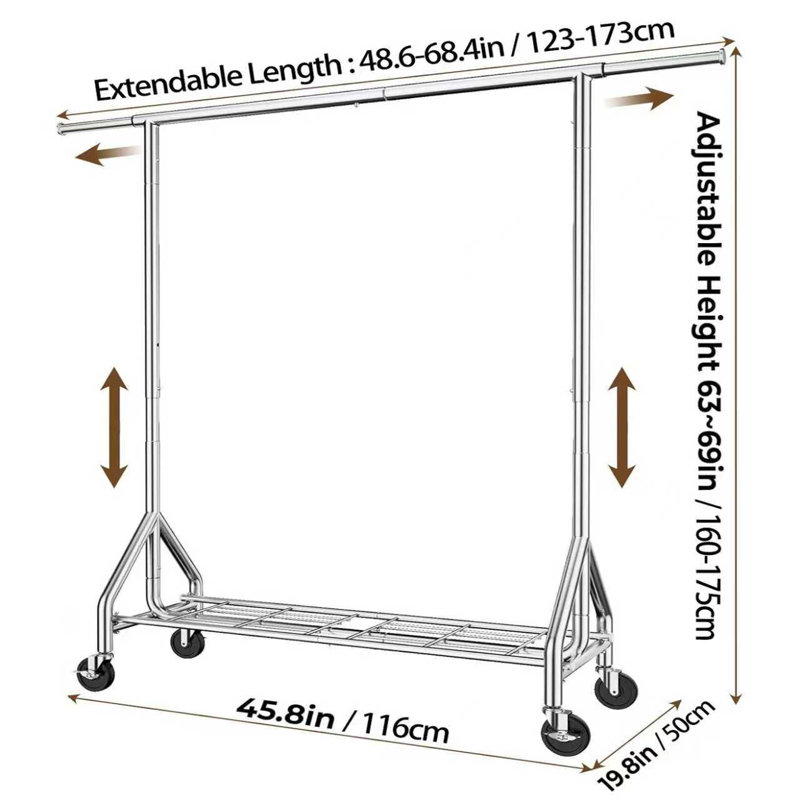 1 PC 450LBS Portemanteaux robustes réglables avec roulettes Support en métal pour garde-robe de chambre à coucher Blanchisserie Détail magasin Organisateur de rangement multifonctionnel Assemblage peu encombrant Requis Robuste Durable