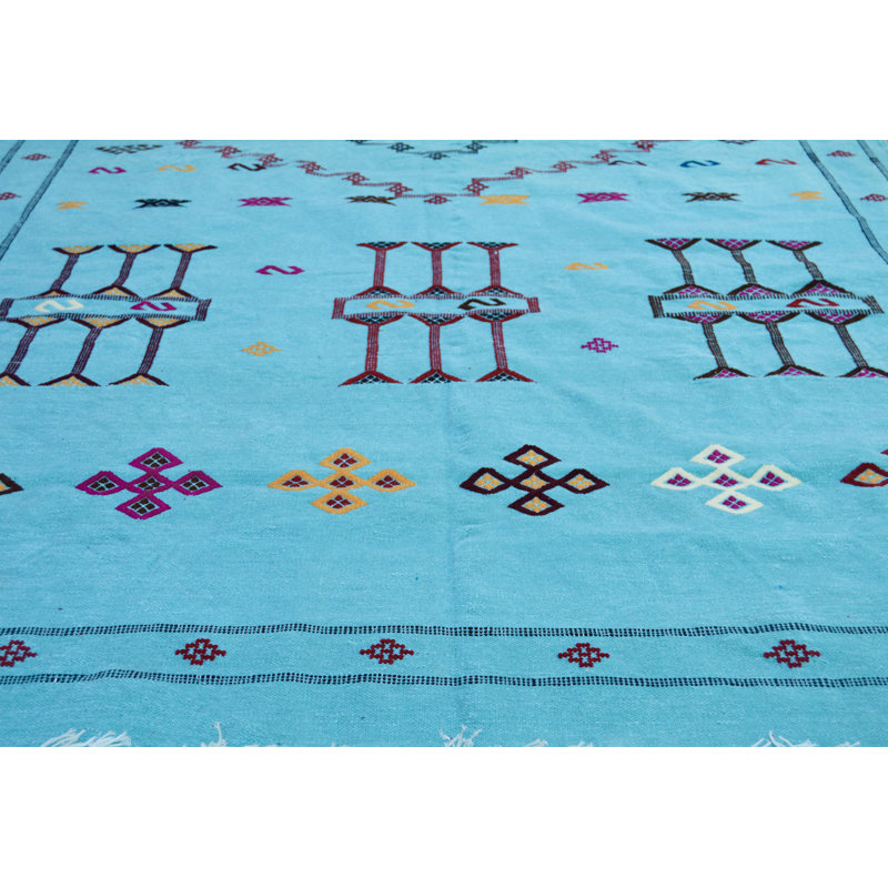 Tapis unique bleu, brun et rouge des années 1990 de 4 pi 6 po x 8 pi 3 po
