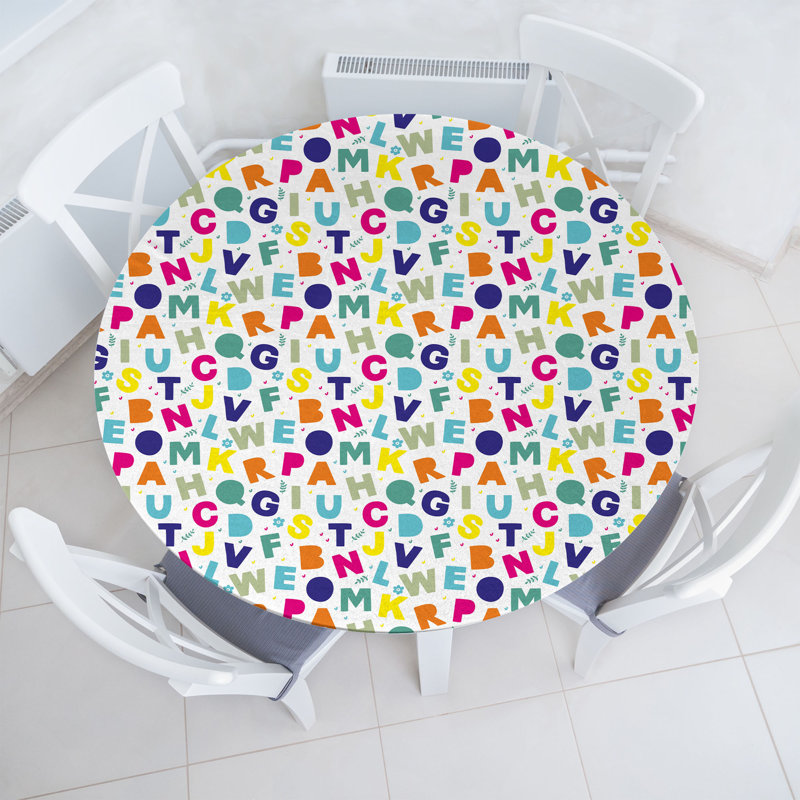 Ebern Designs Alphabet Fitted Round Tablecloth Multicolor