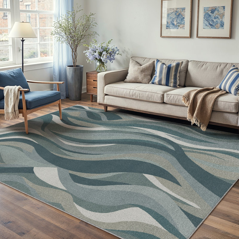 Astrum Machine Washable Abstract Art Area Rug, Rectangle 5' x 7', Blue