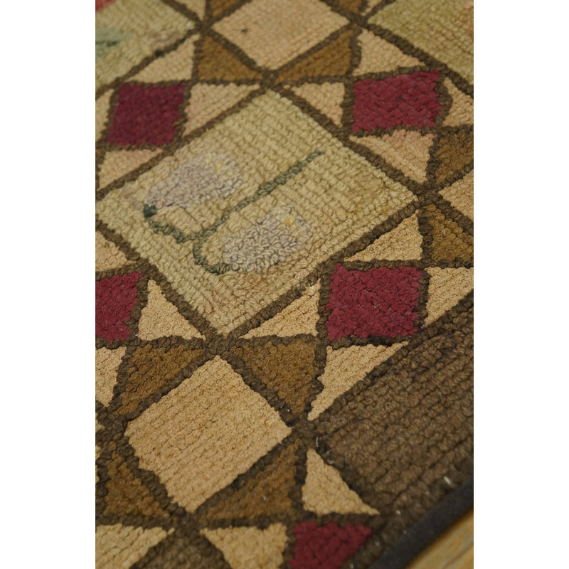 Antique Early 20th Century American Geometric Floral Folk Art Design Small Hooked Rug