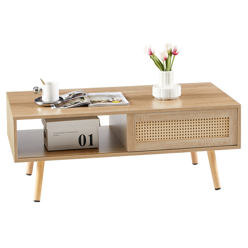 40.27" Coffee Table With , Solid Wood Legs, Natural Finish For Living Room Table, Sliding Door Practical Design